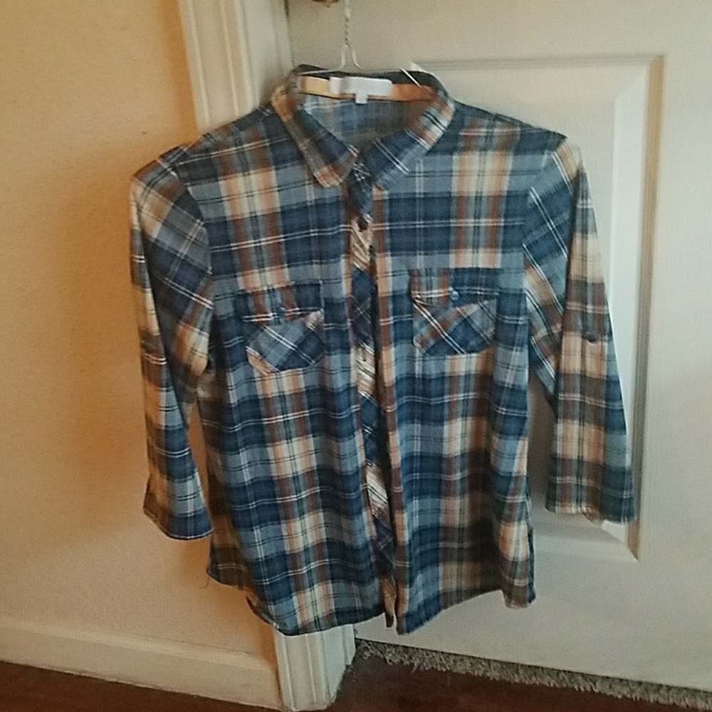 blue orange cream plaid shirt